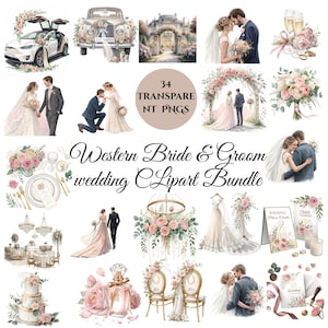 Black Wedding Couple Clipart: Watercolor Bridal Gowns (PNG Digital Download, Commercial Use)