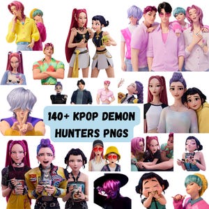 Mais de 140 imagens PNG de Huntrix, Caçadoras de Demônios do K-pop, design de camisetas de grupos de K-pop, PNG de jantar entre amigas, PNG da banda Saja Boys Girls, fãs de Huntrix, download digital.