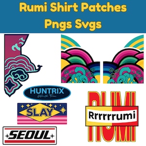Pode incluir: Uma coleção de patches e gráficos digitais coloridos. Os designs incluem padrões de ondas estilizados, a palavra "SLAY" em uma fonte retrô e o texto "SEOL" em um design vermelho e branco. A imagem também inclui o texto "Rumi Shirt Patches Pngs Svgs".