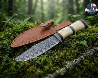 custom Handmade Damascus Steel hunting Knife Camel bone handle with Leather sheath