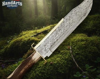 Custom Handmade Damascus Bowie Knife 17 Inch – 11 Inch Blade Stag Antler Handle Hunting Knife – Camping Survival Knife with Leather Sheath