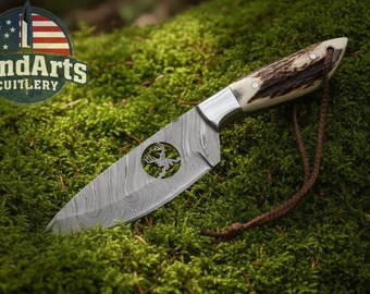 Custom Handmade Hunting Knife – Damascus Steel Blade with Deer Engraving – Stag Antler Handle – Outdoor Camping & Survival Knife