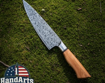 Custom Handmade Damascus Chef Knife – 8 Inch Pattern Forged Kitchen Knife with Olive Wood Handle – Professional Cooking Knife Gift for Chef