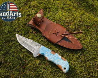 custom Handmade Damascus Steel Hunting skinner knife free leather sheath