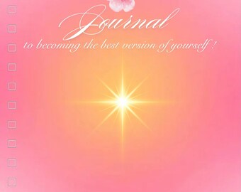 Op de afbeelding: Een roze journal met de tekst "The Glow Up Journal to becoming the best version of yourself!" Een witte bloem en een heldere zonnestraal zijn bovenaan en in het midden. Vinkvakjes en een "Naam:"-regel staan links en onderaan.