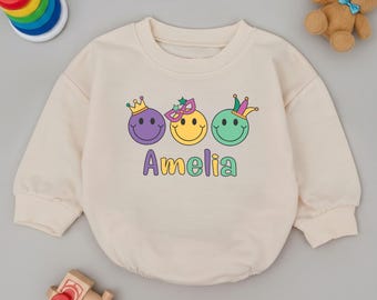 Personalised Mardi Gras Smiley Face Trio Baby Romper, Mardi Gras Baby Outfit, Baby Gift