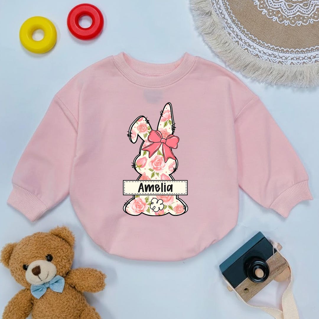 Personalized Floral Bunny Baby Romper, Neutral Baby Romper, Easter ...