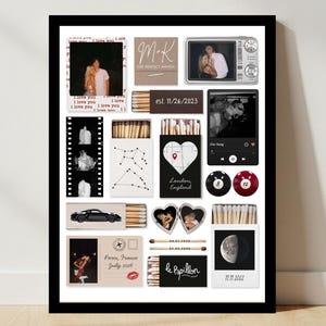 Op de afbeelding: Een ingelijste collage met diverse afbeeldingen en tekstelementen. Het bevat foto's, lucifersdoosjes met tekst, een filmstrip en een vintage camera. Tekst omvat "I love you", "M-K", "est. 11/26/2023", "London, England", "Paris, France July 2006", "le Papillon" en "11.11.2022".