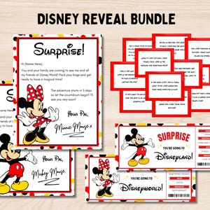 May include: A Disney Reveal Bundle featuring Mickey and Minnie Mouse. Includes a letter, clue cards, and tickets. The letter says "Surprise!" and "You're going to Disneyland!" and "You're going to Disneyworld!"