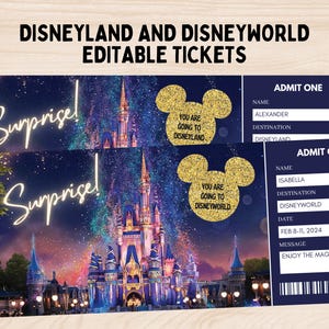 Op de afbeelding: Bewerkbare Disneyland- en Disneyworld-tickets. De tickets tonen een kleurrijke kasteelscène met de tekst "Surprise!" en Mickey Mouse-silhouetten. Op één ticket staat "You are going to Disneyland" en op de andere "You are going to Disneyworld."