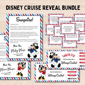 May include: A Disney Cruise Reveal Bundle featuring Mickey and Minnie Mouse. The bundle includes surprise reveal letters, clue cards, and cruise tickets. The designs use red, white, and blue colors with a nautical theme.