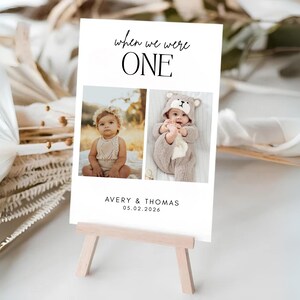 Modello per numero di tavolo per foto di neonati "When We Were Age", decorazioni da tavolo minimaliste stampabili per matrimoni, cartello con foto dell'infanzia modificabile, segnaposti