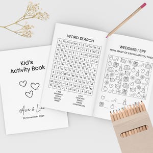 パーソナライズされたウェディングぬり絵、子供向けウェディングブックレット、編集可能なウェディングアクティビティブック、印刷可能な子供向けウェディングアクティビティパック、テーブルゲーム