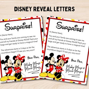 May include: Two Disney reveal letters with the text "Surprise!" and a message about a Disney World trip. The letters feature Mickey and Minnie Mouse illustrations, with a red, black, yellow, and white colour scheme.