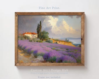 Lavender Field Landscape Oil Painting Print, Provence Wall Art, Rustic French Decor