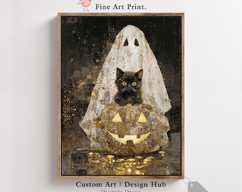 Halloween cat art print, spooky ghost wall decor, black kitten and pumpkin illustration