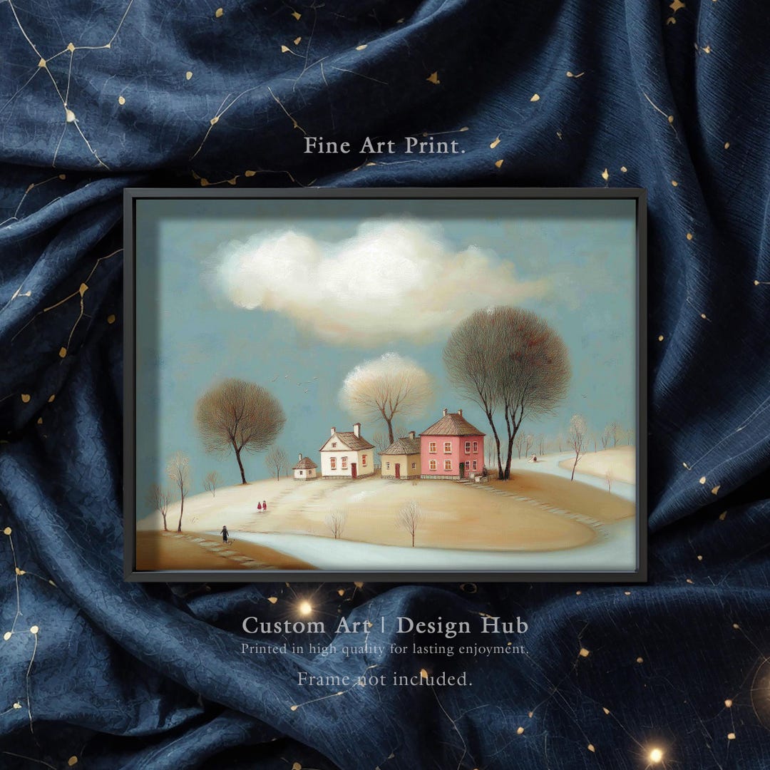 Winter Village Art Print | Snowy Landscape Painting | Rustic Cottage ...