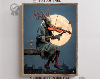 Surreal Gothic Kunstdruck: Maskierter Geiger im Mondlicht (Digital Download
