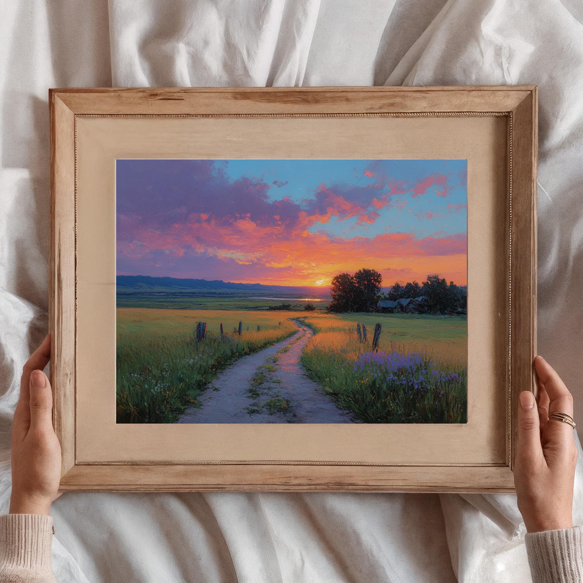 夕焼けの田園風景画：印象派の風景画 - Etsy 日本