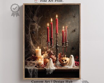 May include: A framed print featuring a Halloween still life. The image showcases lit red candles in a candelabra, pumpkins, and ghost figures. The words "Fine Art Print" and "Custom Art | Design Hub Digitally Drawn" are visible.