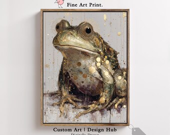Green frog wall art print with gold accents, surreal animal painting, modern home decor