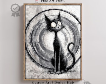 原画 猫 黒猫 ダークファンタジー ホラー アート 絵画 画家 ハンドメイド 不気味な黒猫のウォールアート - ハロウィンゴシック装飾、不気味な猫