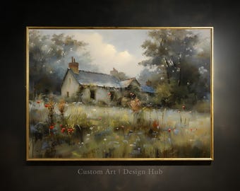 Könnte beinhalten: Ölgemälde in einem goldenen Rahmen, das ein weißes Cottage mit blauem Dach zeigt, umgeben von einem Feld mit Wildblumen. Der Text "Custom Art | Design Hub" befindet sich am unteren Rand des Gemäldes.