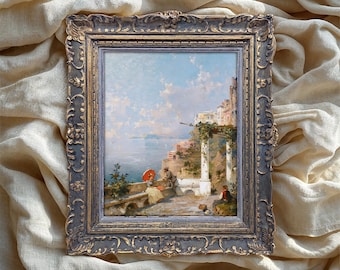 Vintage Mediterranean Oil Painting Print, Italian Coastal Seaside (Digital Download)