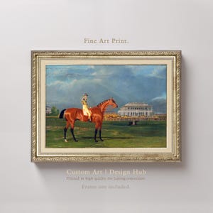 Equestrian Horse Racing Fine Art Print – Jockey on Thoroughbred with Grandstand, Vintage Sporting Wall Art for Classic Home Decor