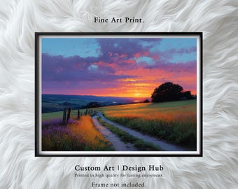 Sunset Landscape Art Print: Golden Fields, Rustic Countryside