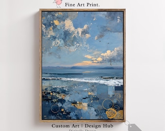 Blue Ocean Abstract Wall Art Print, Coastal Seascape with Gold Accents