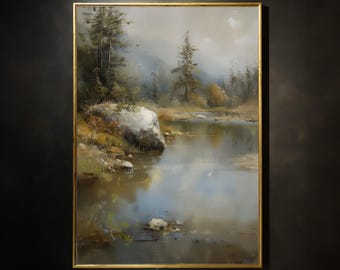 Mountain Lake Landscape Print: Rustic Cabin Wall Art