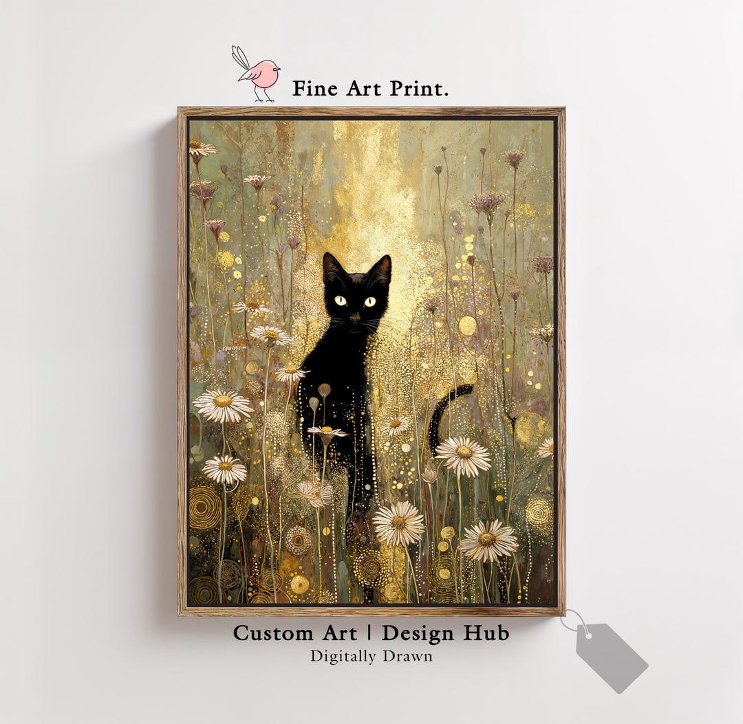 Black Cat Wall Art Print With Gold Accents and Wildflowers, Mystical ...