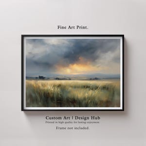 Stormy Field Landscape Print | Dramatic Sky Wall Art | Countryside Sunset Painting