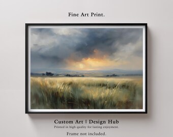 Landschapsprint stormachtig veld | Dramatische lucht muurkunst | Landschap zonsondergang schilderij