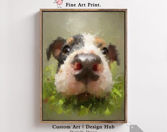 Könnte beinhalten: Gerahmter Kunstdruck mit einem Hundegesicht, mit weißem, braunem und schwarzem Fell und einer rosa Nase. Das Kunstwerk ist digital gezeichnet und vor einem grünen Hintergrund platziert. Der Druck trägt die Aufschrift 'Fine Art Print' und 'Custom Art | Design Hub'.