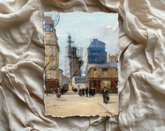 Eiffel Tower Under Construction, Vintage Paris Street Oil Painting Print (Digital Download)