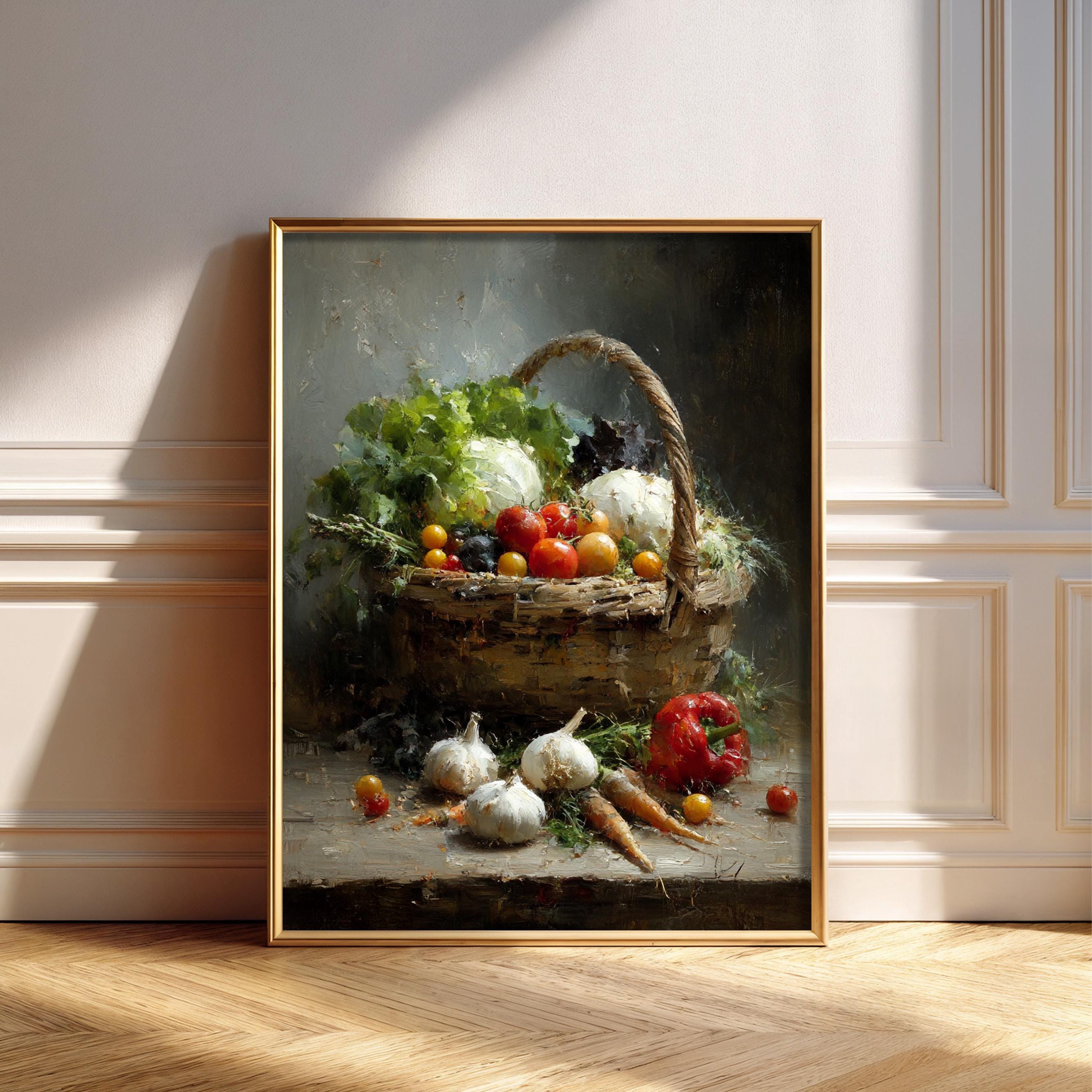 水彩画 野菜のバスケット 額装済み 素朴な野菜バスケットの静物画：ヴィンテージファームハウスキッチン