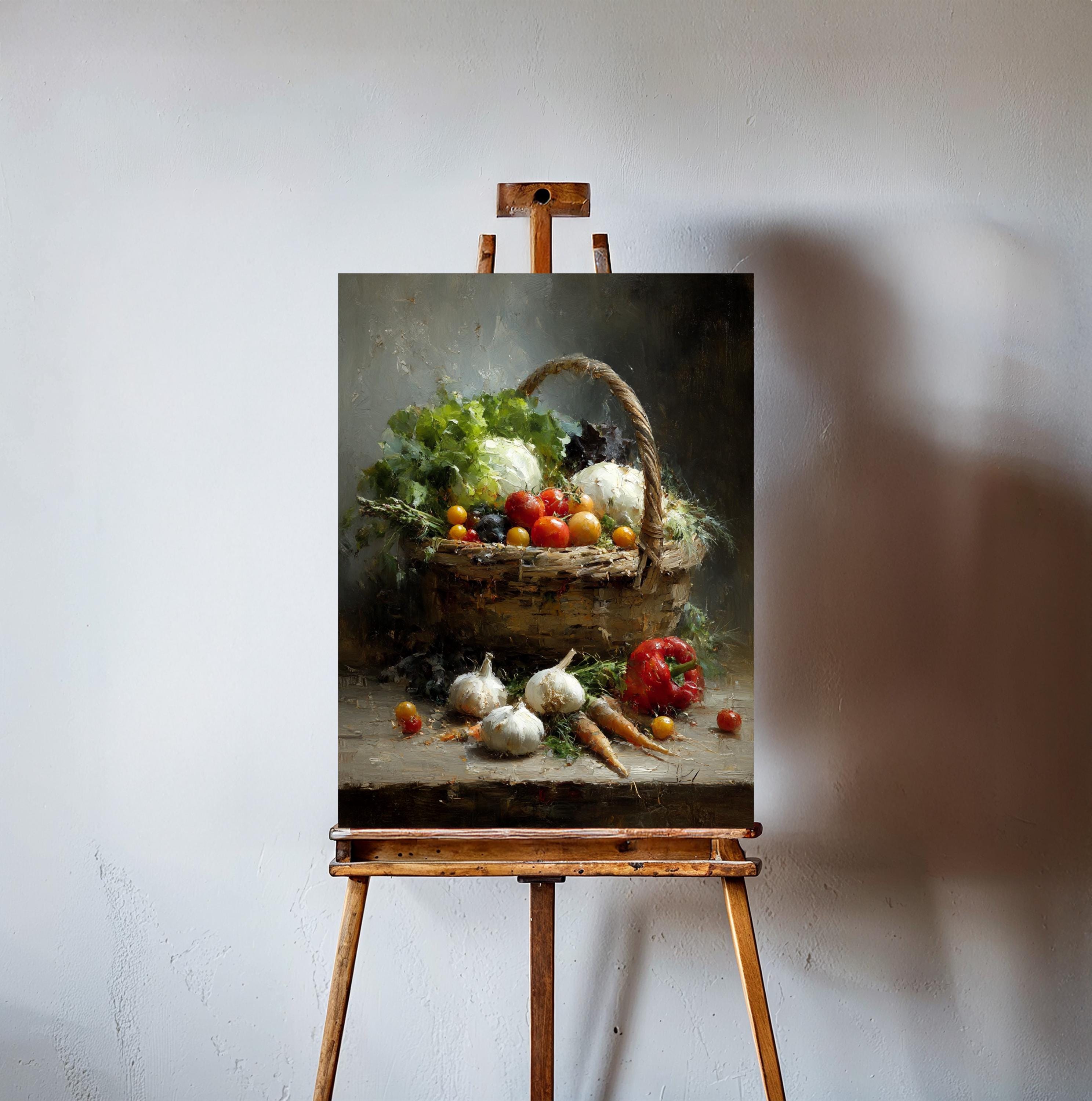 素朴な野菜バスケットの静物画：ヴィンテージファームハウスキッチン