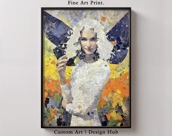 May include: A framed fine art print featuring a woman with white hair and a white dress. The artwork has a mosaic-like style with a colorful background of yellow, orange, and blue. The text "Fine Art Print" and "Custom Art | Design Hub" are visible.