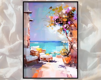 May include: An abstract art print of a seaside patio scene. The artwork uses a vibrant colour palette with shades of blue, orange, and purple. The print includes text that reads "Fine Art Print" and "Custom Art | Design Hub".