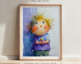 Whimsical Watercolor Child with Bird Print, Kids Room Wall Art