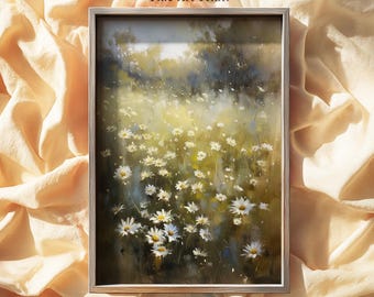Daisy Art Print: Wildflower Meadow Painting, Botanical Nature Decor