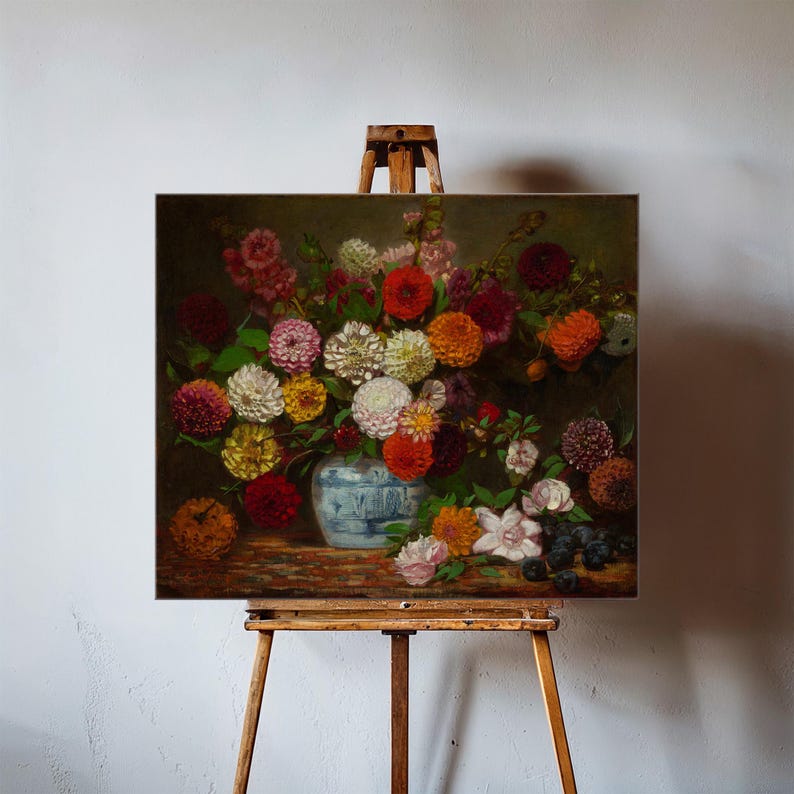 Vintage Floral Still Life Art Print: Dahlias in Blue Vase - Etsy