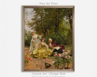 Vintage oil painting romantic garden scene fine art print poster (Digital Download)