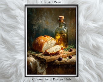 Rustic Bread & Olive Oil Kitchen Print: Vintage Farmhouse Still Life