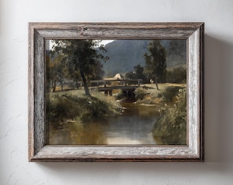 Rustic river bridge landscape print, countryside fine art wall decor (Digital Download)