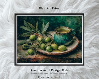 Green Olives Still Life Print: Vintage Mediterranean Kitchen Art