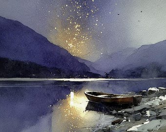 夜の湖に浮かぶボートの水彩画ポスター、星空の風景の壁アートプリント