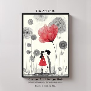 Romantic Couple Art Print: Red Dress, Minimalist Love Illustration